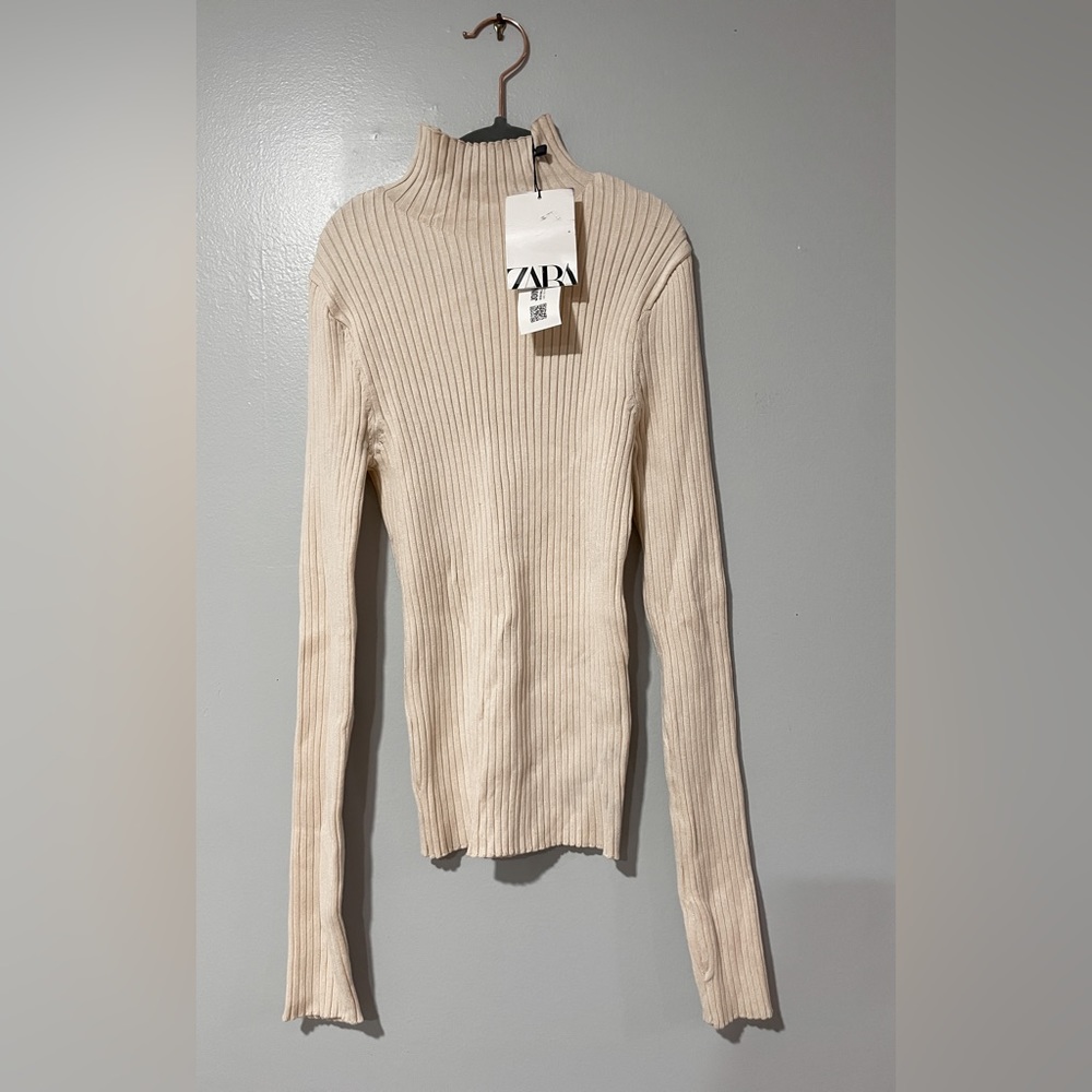 Zara women’s long sleeve beige ribbed turtleneck; brand new, never worn, tags on